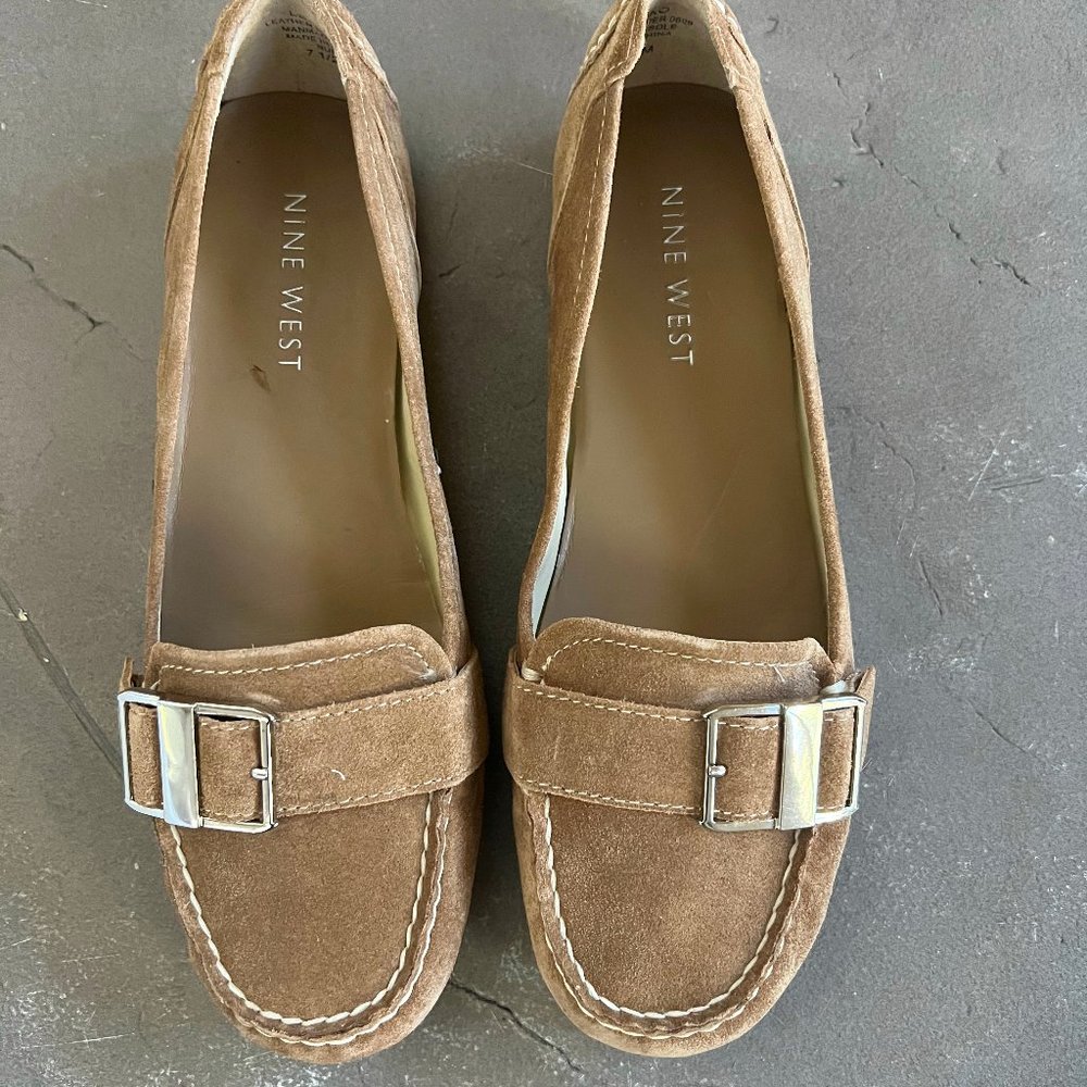 Nine West Brown Suede Loafers with Silver Buckles